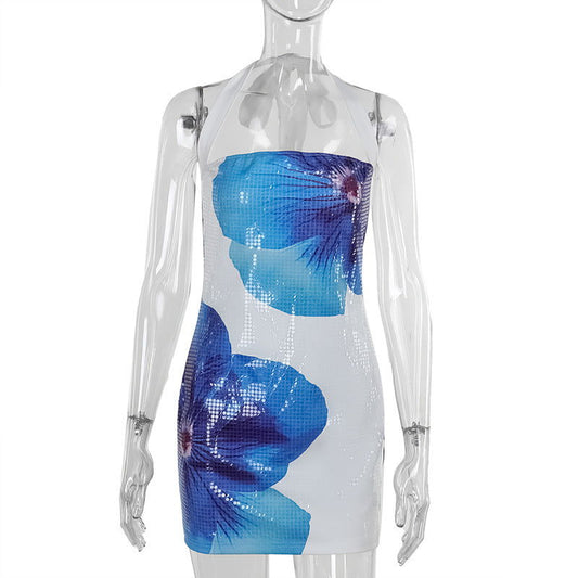 Socialite Elegant Slim Floral Sequin Halter Hip Wrapped