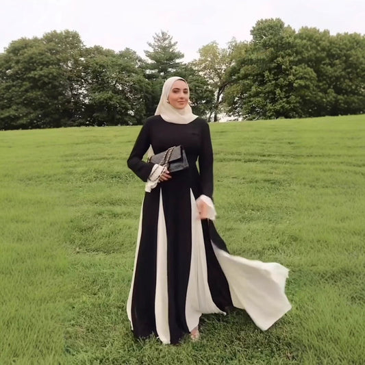 Black White Contrast Color Elegant Ruffle Long Sleeve Big Hem Dress