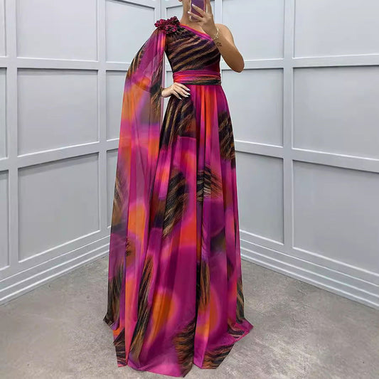 Chiffon Printed Sloping Shoulder Dress Casual Loose Party Dress