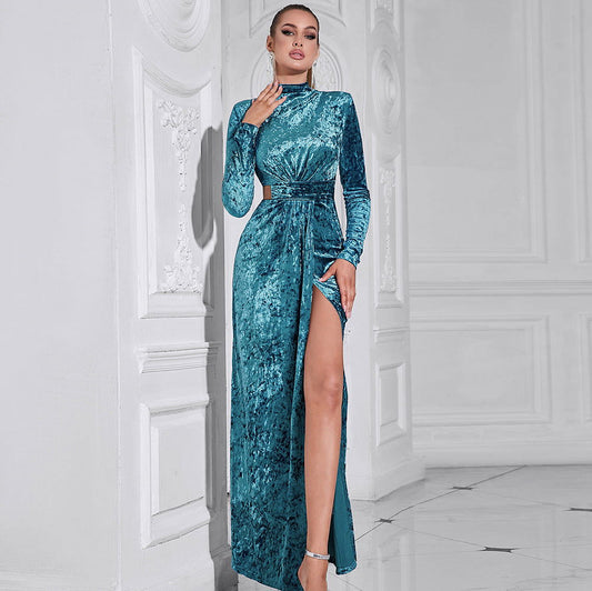 Simple Solid Color Stup Collar Long Sleeved Hollow Out Cutout Long Slit Dress