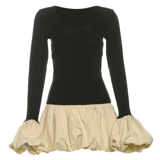 Cool Contrast Color Slim Fit Crinoline dress Waist Controlled Slimming Long Sleeve Dress