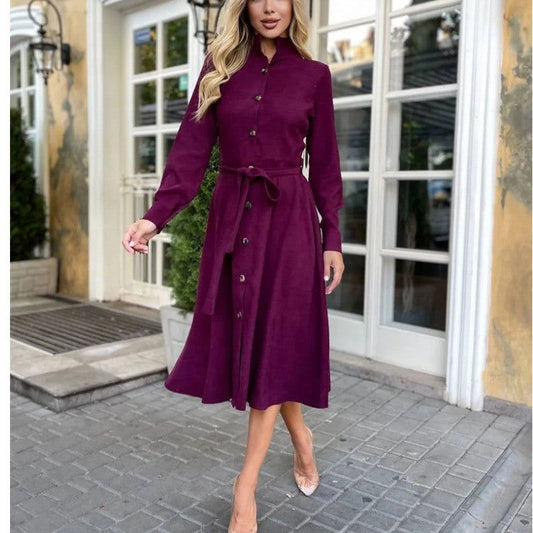 Solid Color Tied Button Shirt Dress