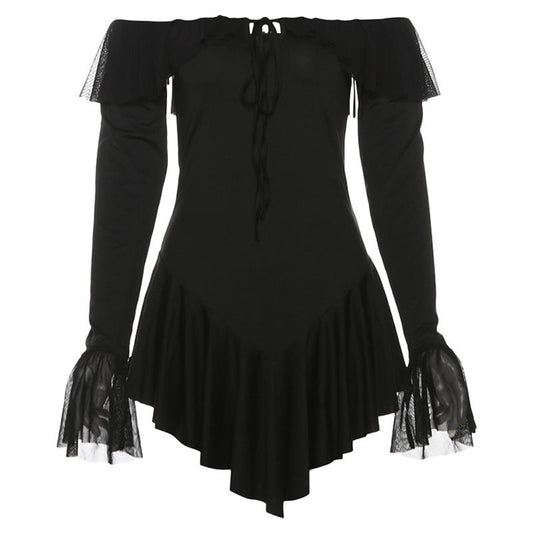 off Shoulder Backless Ruffled Solid Color Sheath Dress