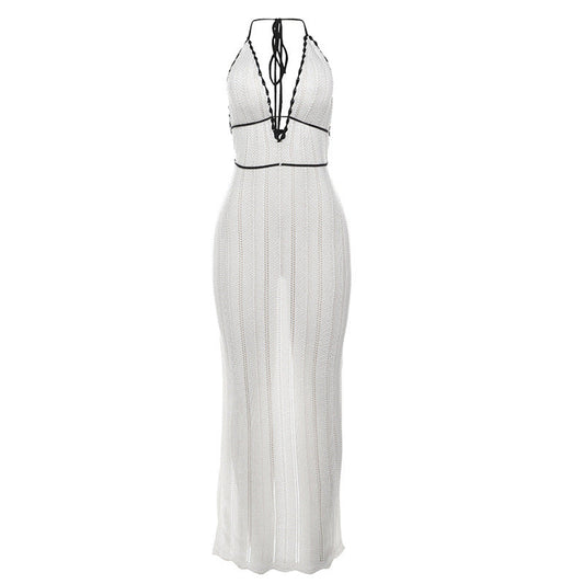 Color Contrast V Neck Halter Lace Up Backless Knitted Dress