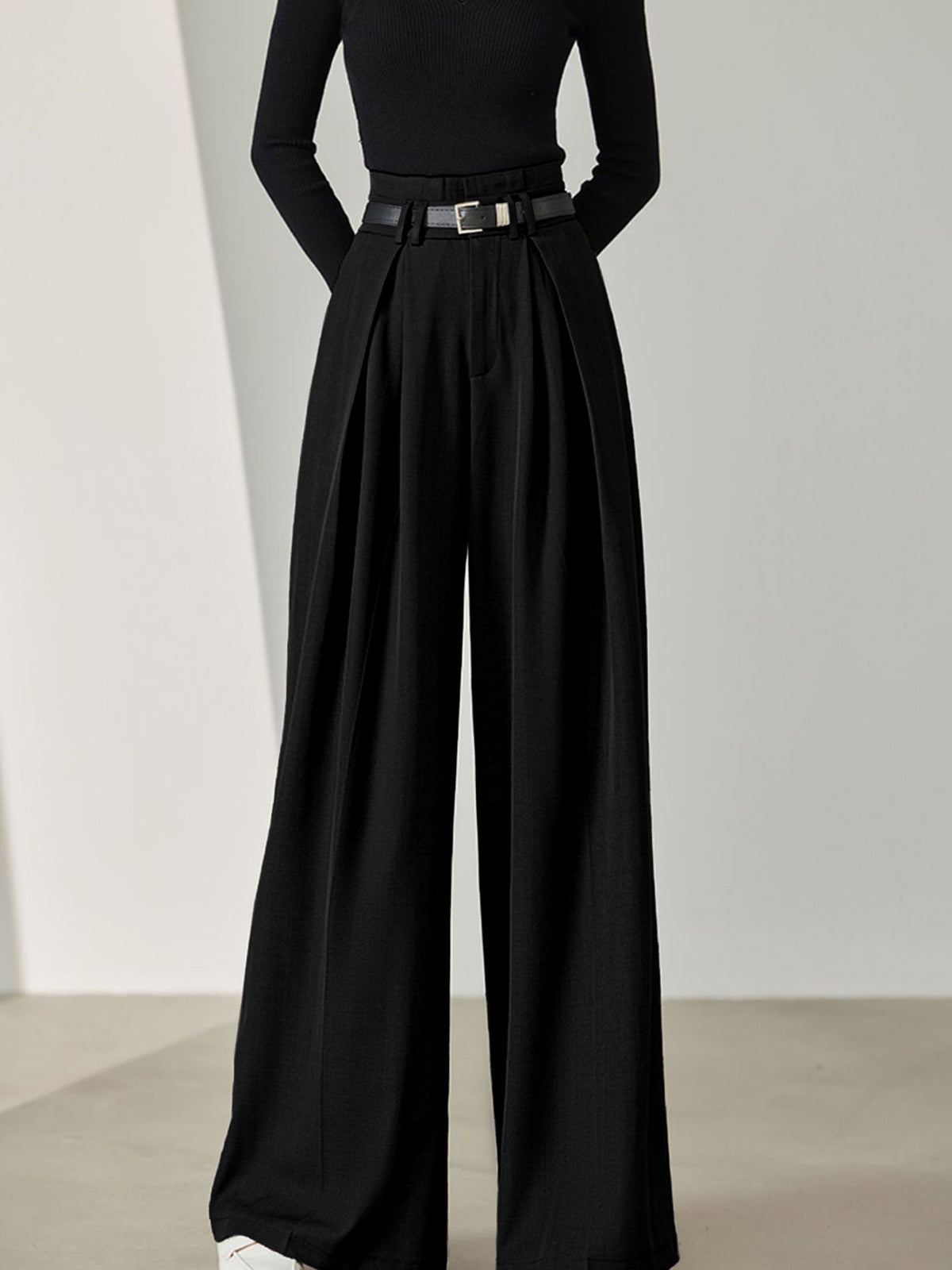 Solid Belted Pleated Trendy Wide Leg Pants Pants