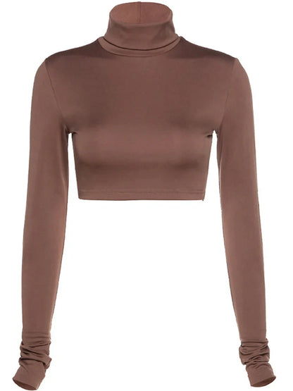 FashionSierra - Sheath Solid Turtleneck Autumn Stretch Casual Undershirt All-match Crop Tops