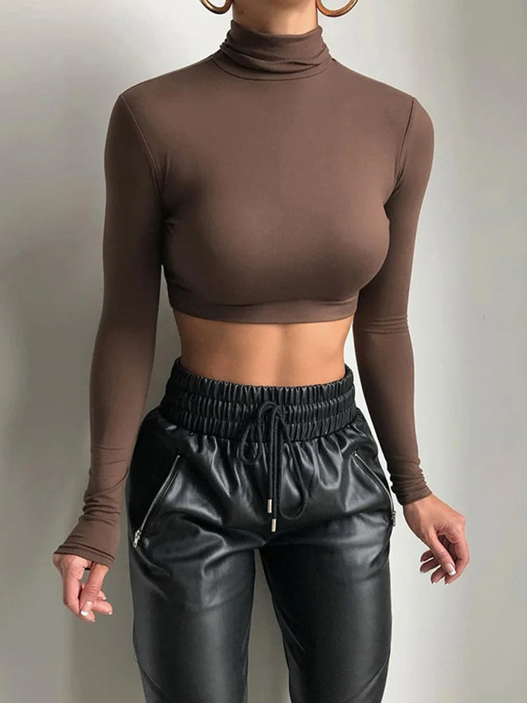 FashionSierra - Sheath Solid Turtleneck Autumn Stretch Casual Undershirt All-match Crop Tops