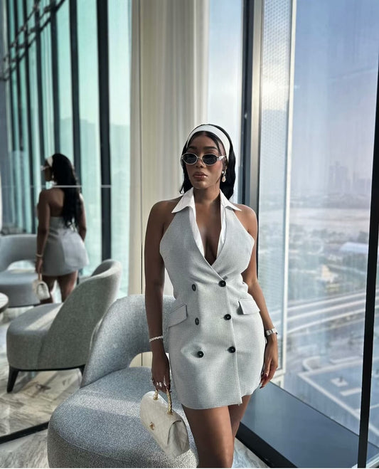 Plaid Halter Sleeveless Button Dress