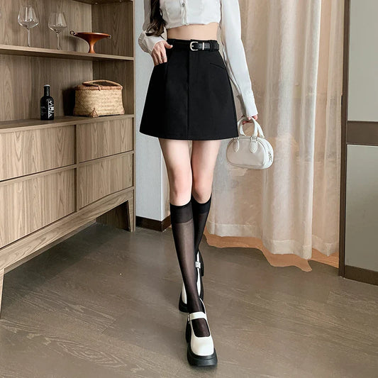 FashionSierra - Belt Suit A-line Short Fashionable High Waist Mini Solid Basic Casual Skirt