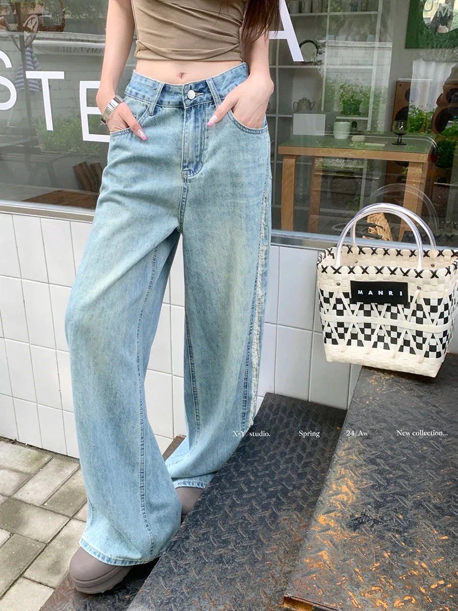 Retro Side Women's Spring Summer Streetwear Straight Loose High Waist Jeans