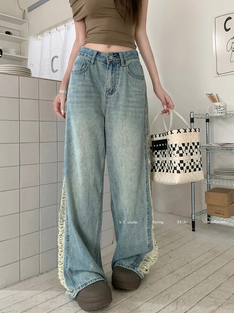 Retro Side Women's Spring Summer Streetwear Straight Loose High Waist Jeans