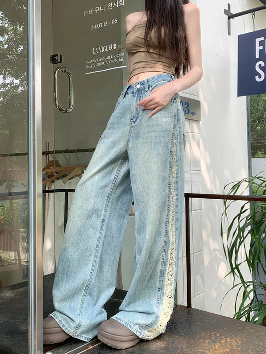 Retro Side Women's Spring Summer Streetwear Straight Loose High Waist Jeans