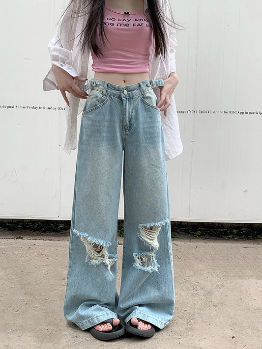 Retro Wide Leg Women Street Ripped Waist Adjustable Washed Denim Jeans