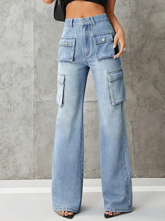 Streetwear Women Y2K Washed Multiple Baggy High Waist Loose Wide Leg Jeans