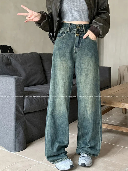 Waist Retro Loose Women's Fashion Y2k Streetwear Washed Straight Wide Leg 2024 New Jeans