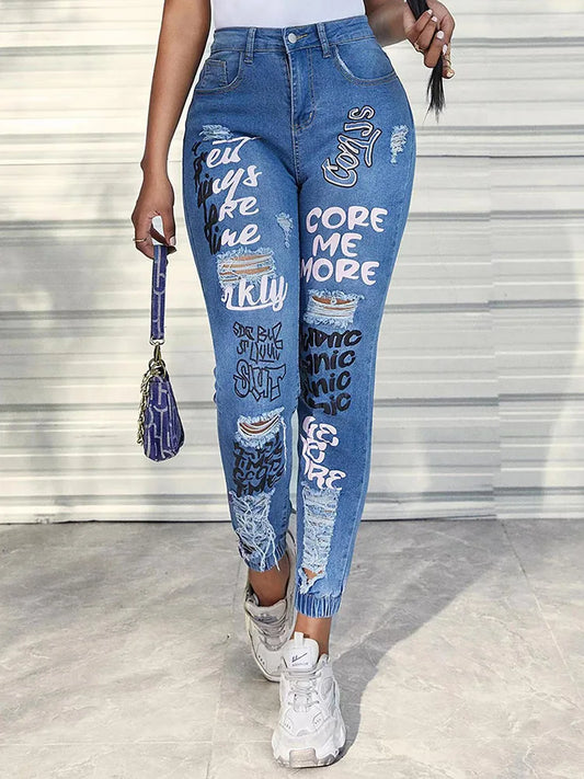 Streetwear Hip Hop Letter Print Women Fashion Y2K Harajuku Mid Waisted Casual Pencil Jeans