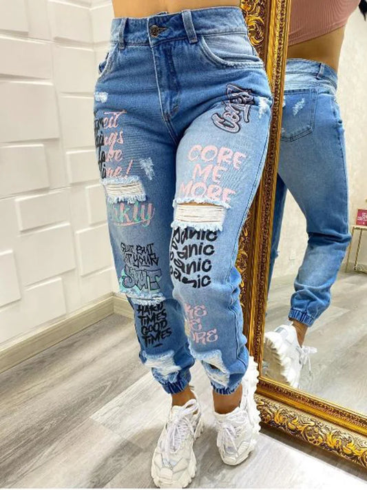 Streetwear Hip Hop Letter Print Women Fashion Y2K Harajuku Mid Waisted Casual Pencil Jeans