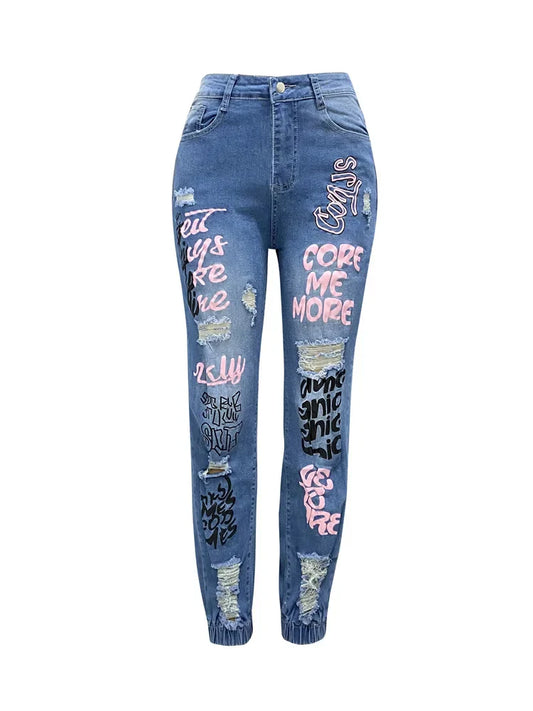 Streetwear Hip Hop Letter Print Women Fashion Y2K Harajuku Mid Waisted Casual Pencil Jeans