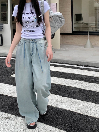 Streetwear Women Wide Leg 2024 Spring Summer Drawstring High Waist Denim Jeans