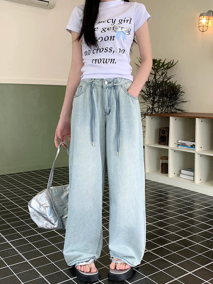 Streetwear Women Wide Leg 2024 Spring Summer Drawstring High Waist Denim Jeans