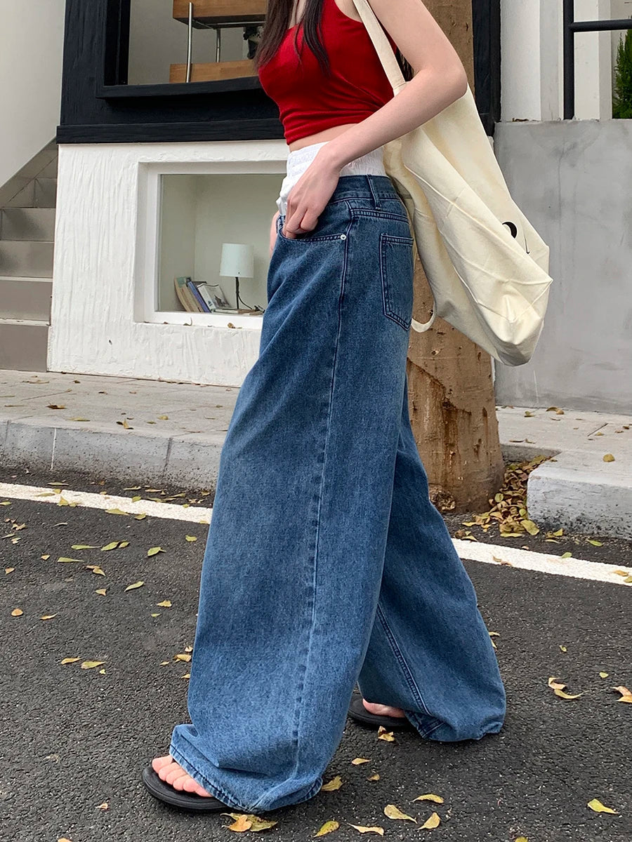 Streetwear Women Wide Leg 2024 Spring Summer Drawstring High Waist Denim Jeans