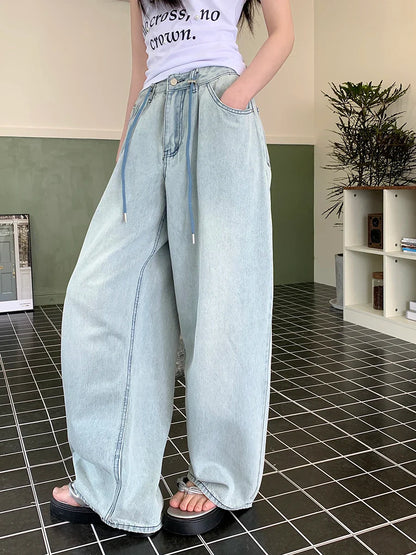 Streetwear Women Wide Leg 2024 Spring Summer Drawstring High Waist Denim Jeans