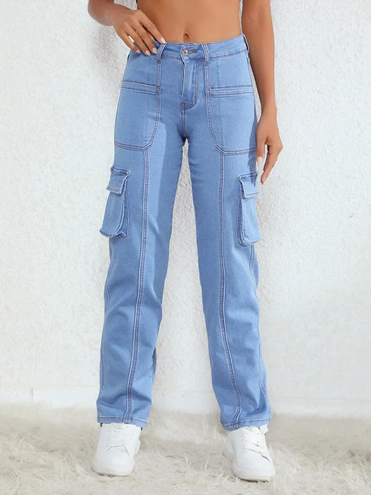 High-waisted Women's Streetwear Straight-Leg Multi-pocket Casual 2024 Jeans