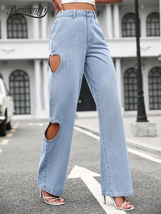 Women's Washed Hole Streetwear Loose High Waist Casual Straight Leg Denim Fashion 2024 Jeans