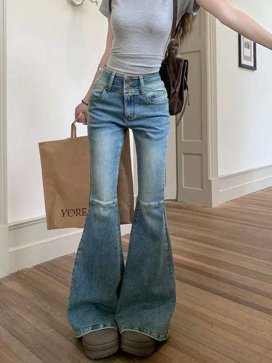 Women's Waist Streetwear Flared Fashion Stretch Slim Washed Denim Jeans