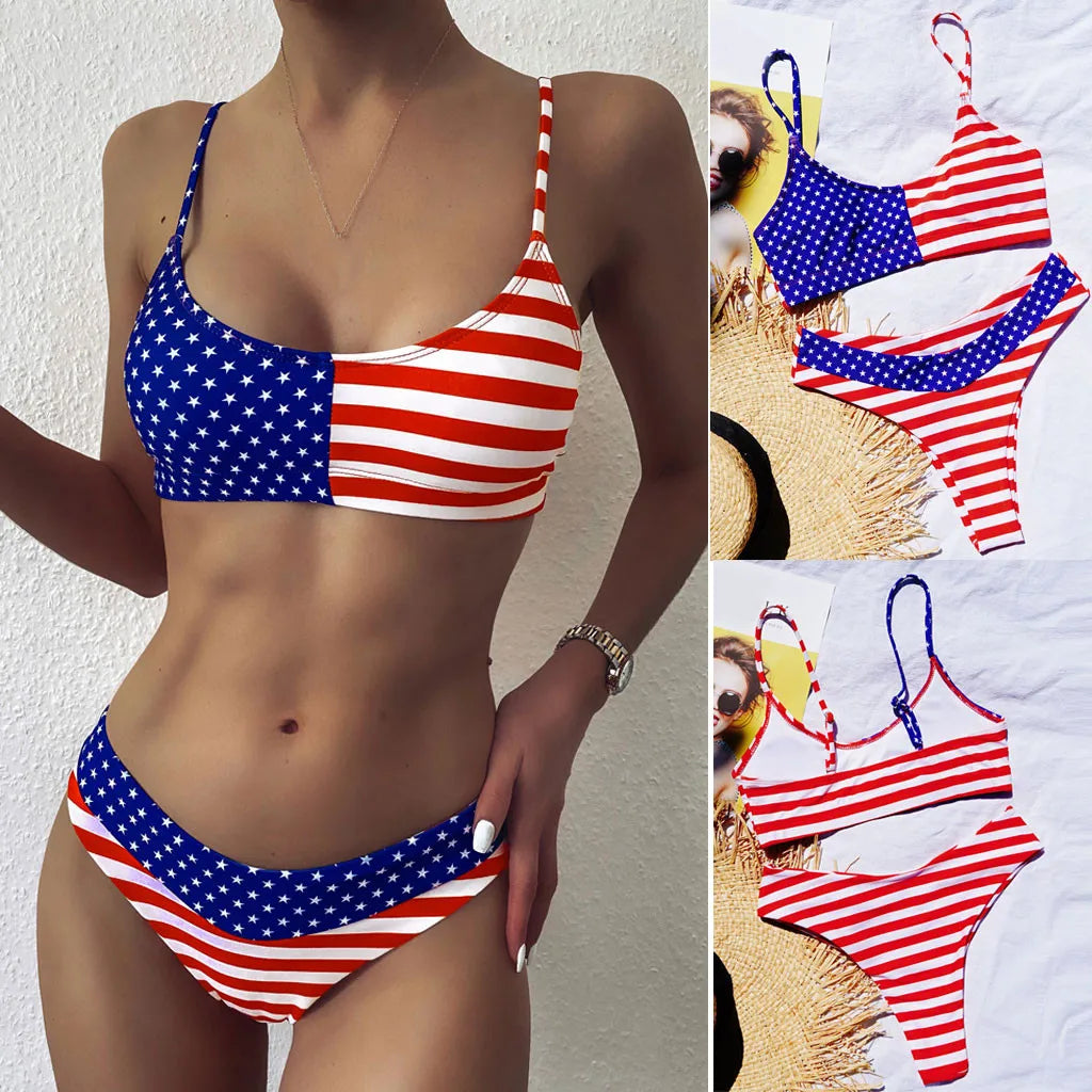 Sexy Swimsuit Women Flag Print Push-Up Independence Day Bikini Sets
