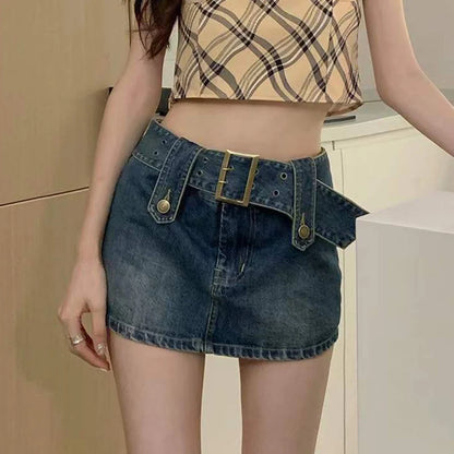 Punk Gothic Club Style Low-Waist Denim Mini Culotte Skirt Bottom