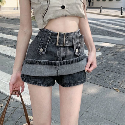 Punk Gothic Club Style Low-Waist Denim Mini Culotte Skirt Bottom