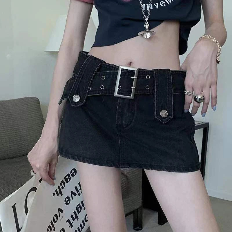 Punk Gothic Club Style Low-Waist Denim Mini Culotte Skirt Bottom