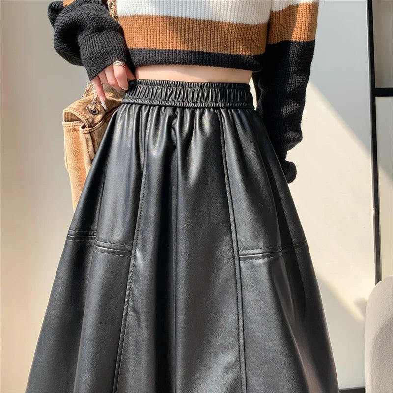 FashionSierra - Leather Women New Autumn Winter Fashion High Waist A-line PU Midi Ladies Vintage Casual Long Skirt