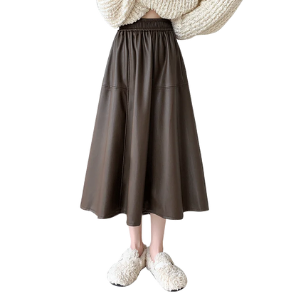 FashionSierra - Leather Women New Autumn Winter Fashion High Waist A-line PU Midi Ladies Vintage Casual Long Skirt