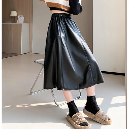 FashionSierra - Leather Women New Autumn Winter Fashion High Waist A-line PU Midi Ladies Vintage Casual Long Skirt