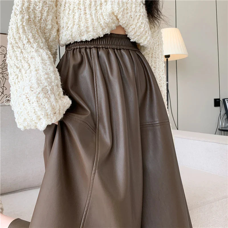 FashionSierra - Leather Women New Autumn Winter Fashion High Waist A-line PU Midi Ladies Vintage Casual Long Skirt