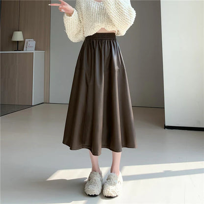 FashionSierra - Leather Women New Autumn Winter Fashion High Waist A-line PU Midi Ladies Vintage Casual Long Skirt