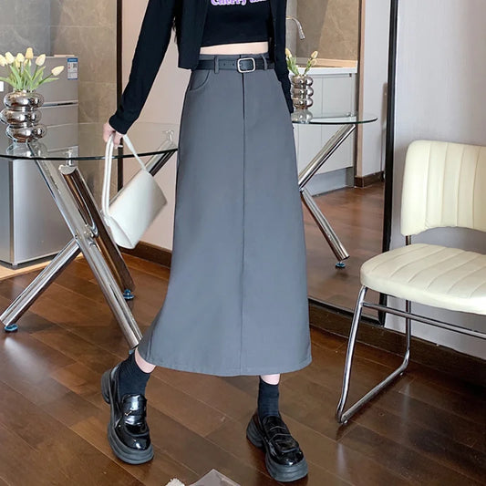 FashionSierra - Suit Women 2024 Autumn New Fashion High Waist A-line Long Woman Casual Midi With Belt Skirt