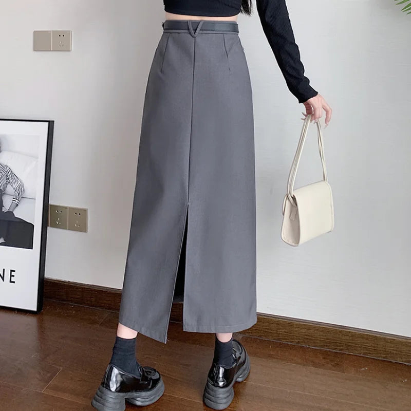 FashionSierra - Suit Women 2024 Autumn New Fashion High Waist A-line Long Woman Casual Midi With Belt Skirt