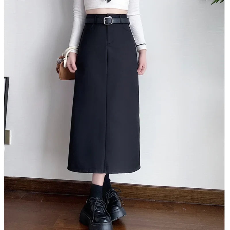 FashionSierra - Suit Women 2024 Autumn New Fashion High Waist A-line Long Woman Casual Midi With Belt Skirt