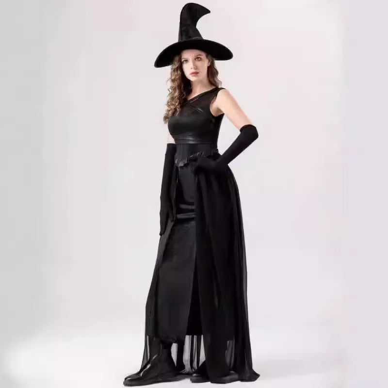 Black Witch Dress Wizard Hat Gloves Gothic Retro Magic Vampire Cosplay Costume