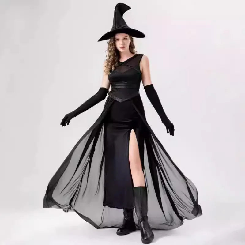 Black Witch Dress Wizard Hat Gloves Gothic Retro Magic Vampire Cosplay Costume