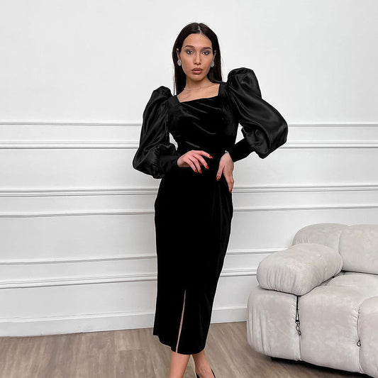 Black Elegant Square Collar Puff Sleeve Knitted Korean Velvet Straight Slim Fit Dress