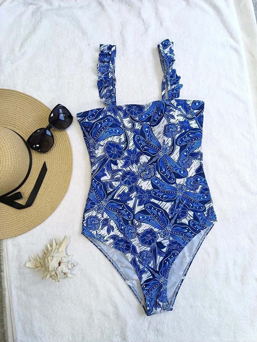 FashionSierra - 2024 Blue Printed One Piece Slim Strap Basic Swimsuits