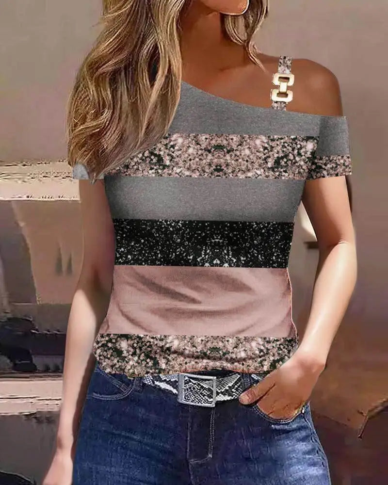 FashionSierra - Fashionable Summer Lace Stitching One Shoulder Short Sleeve Loose Female Blouse