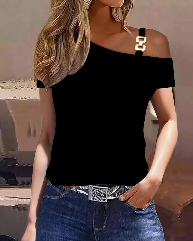 FashionSierra - Fashionable Summer Lace Stitching One Shoulder Short Sleeve Loose Female Blouse