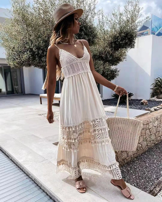 FashionSierra-Crochet Lace  Long Strap  Women  Robe  Vintage  Deep V-neck  Sleeveless  Summer  Beach  Casual  Ladies  Vestidos Boho Dress