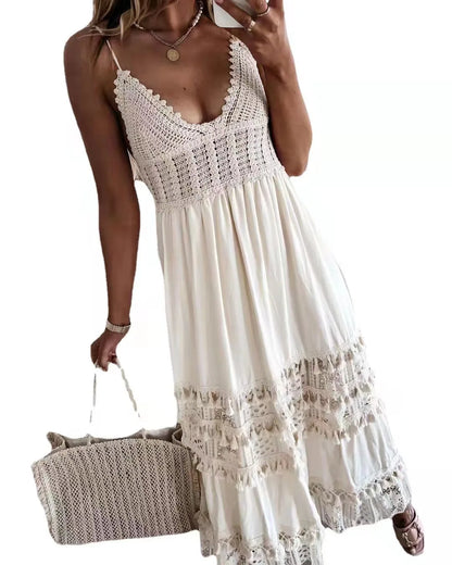 FashionSierra-Crochet Lace  Long Strap  Women  Robe  Vintage  Deep V-neck  Sleeveless  Summer  Beach  Casual  Ladies  Vestidos Boho Dress