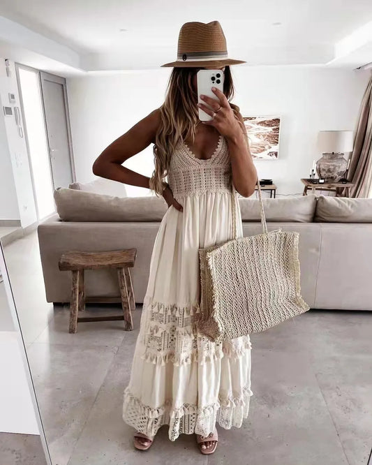 FashionSierra-Crochet Lace  Long Strap  Women  Robe  Vintage  Deep V-neck  Sleeveless  Summer  Beach  Casual  Ladies  Vestidos Boho Dress